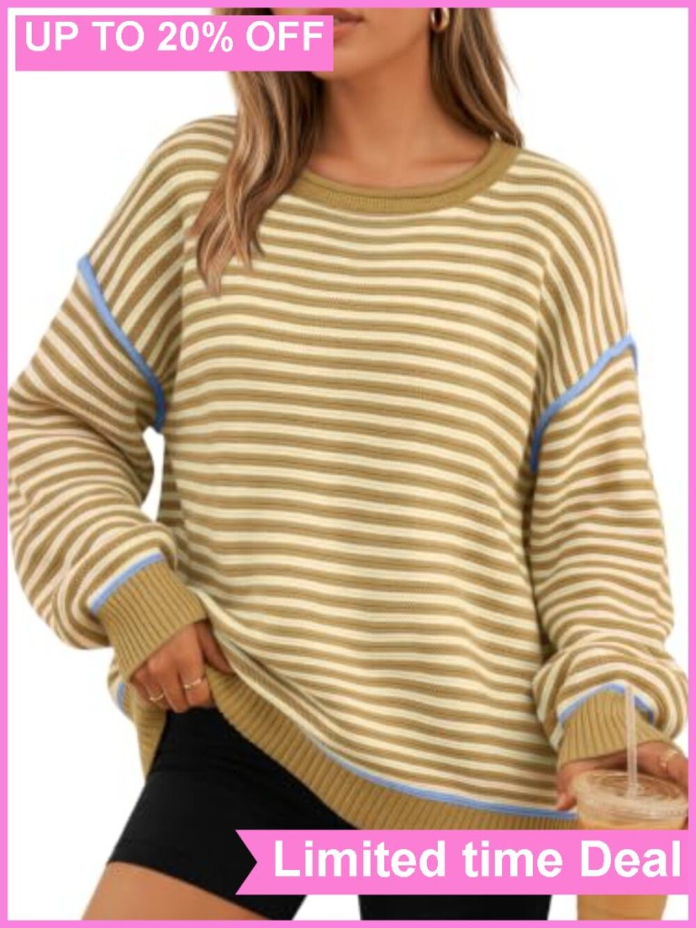 Striped Cotton Blend Oversized Pullover Sweater Long Sleeve